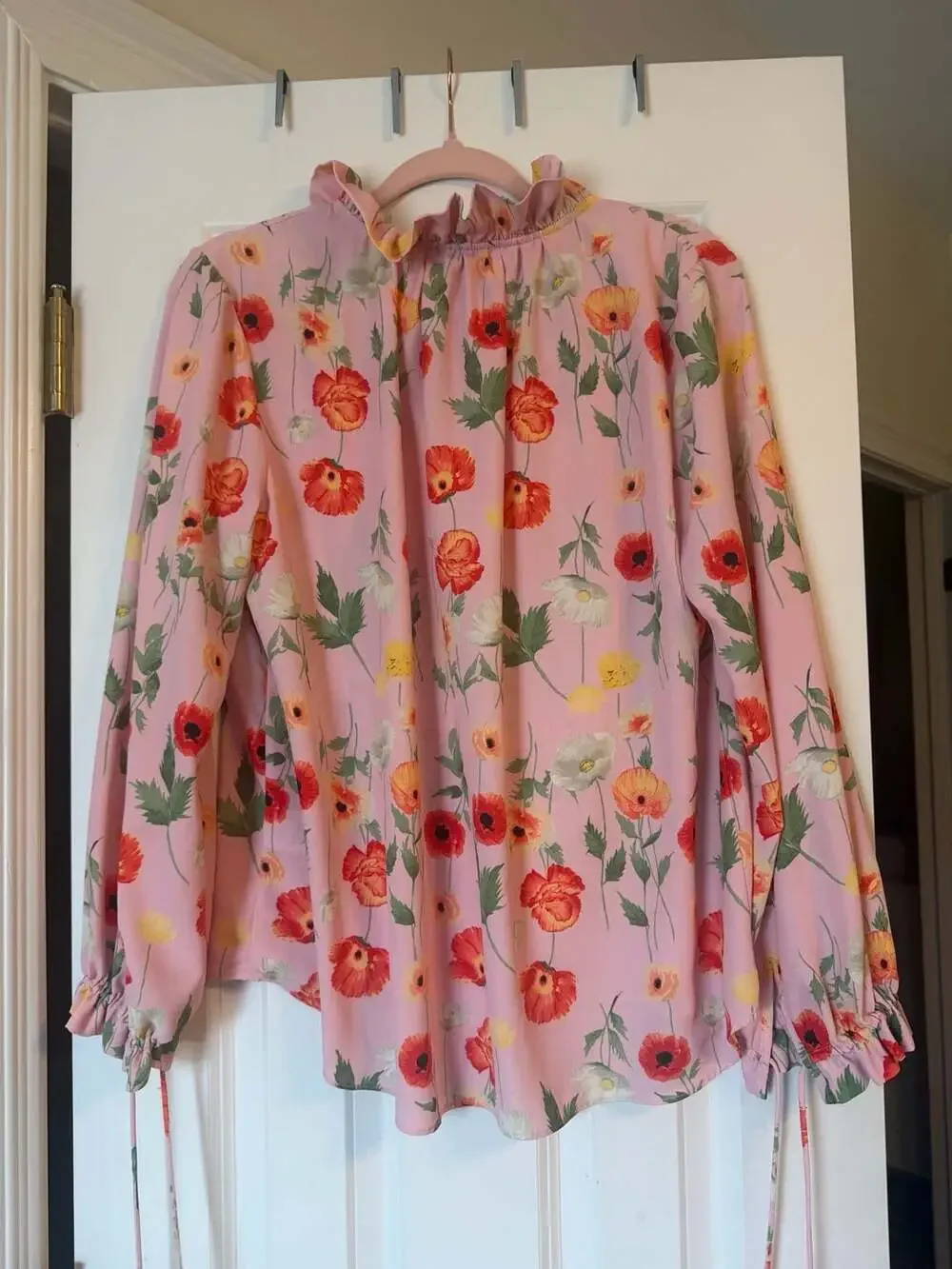 Gibson & Latimer Pink Floral Print Ruffle Neck Blouse with Ties